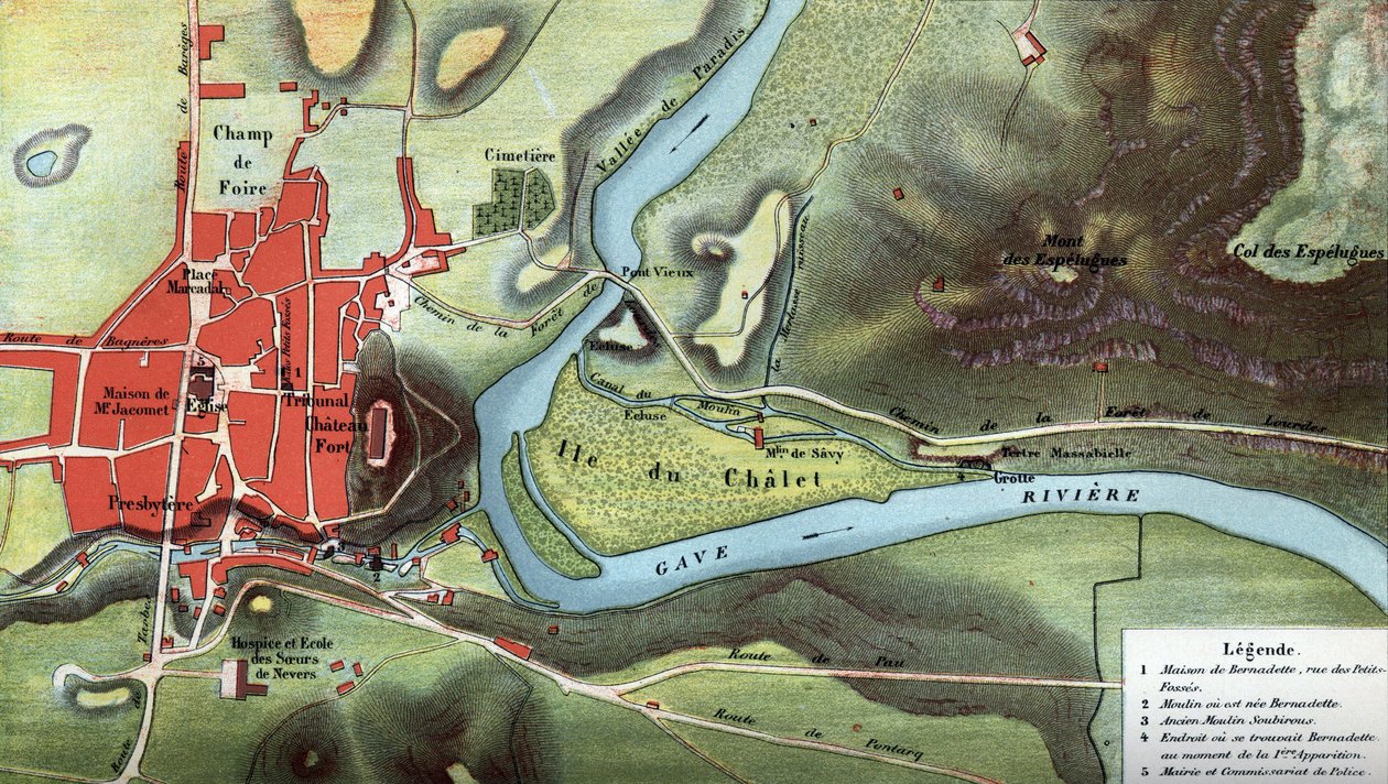 Carte du pays de Lourdes en 1858, année des visions de Bernadette Soubirous : elle montre l