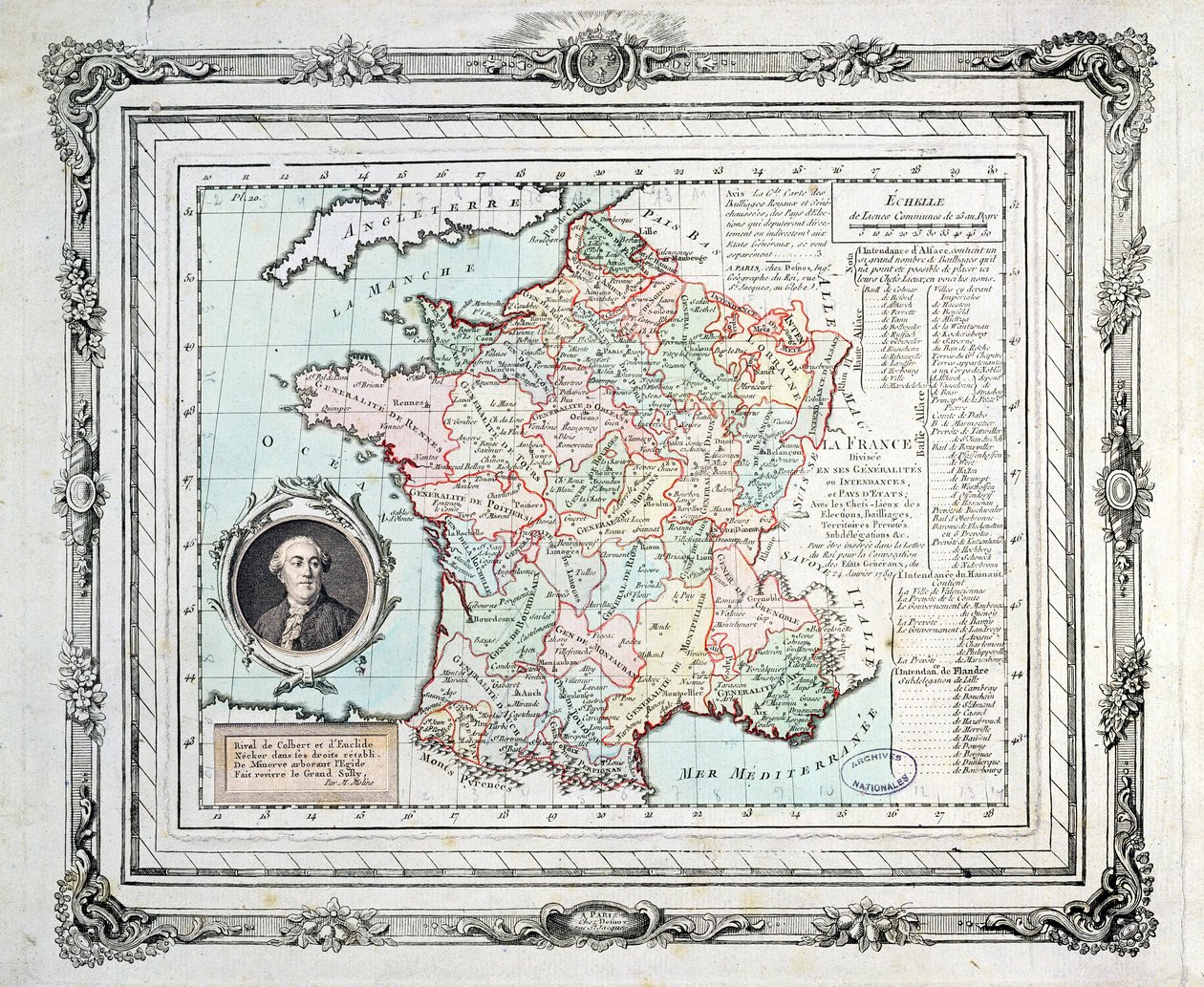 Carte des régions et districts de France, connue sous le nom de Carte de Necker, 1789 - French School