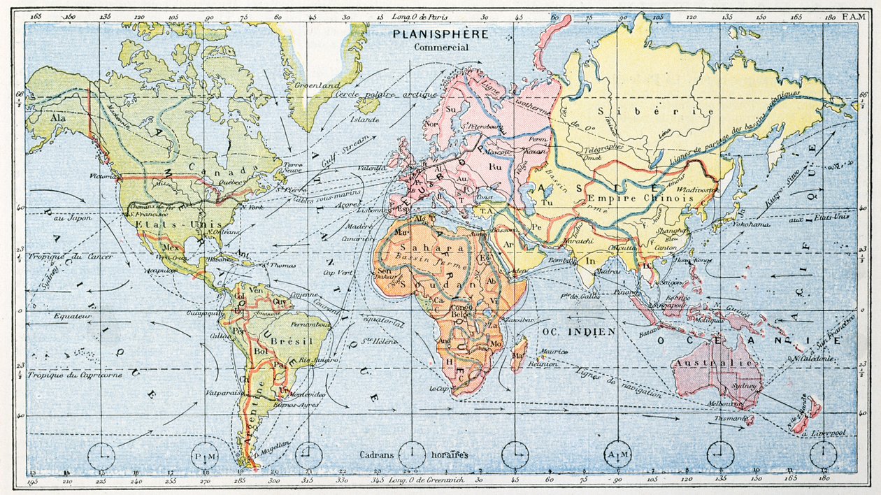 Carte montrant les principales routes commerciales maritimes mondiales, 1912 - French School