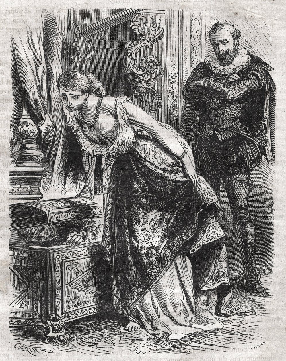 Marguerite de Valois (1553-1615), dite Reine Margot, cache Julien de Léris, son amant, dans un coffre. Son mari, le roi Henri IV de France (1553-1610), observe la scène avec amusement. 16ème siècle. Gravure de 1871 dans "Histoire Des Cocus Célèbres" par He - French School