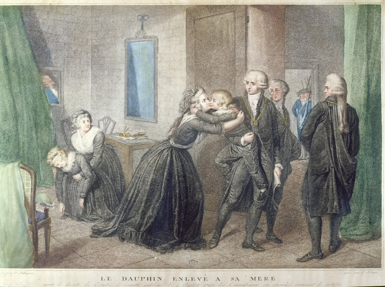 Marie-Antoinette (1755-1793) fait ses adieux à son fils le Dauphin, Louis-Charles de Bourbon (1785-1795) au Temple, 3 juillet 1793 (gravure en couleur) - French School