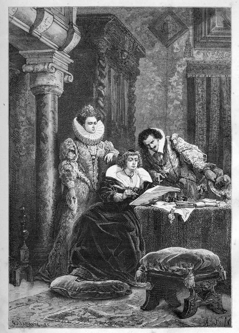 Marie de Médicis avec ses amis et confidents italiens influents Leonora Dori (Dosi) dite Galigaï (1571-1617) et son mari Concino Concini (Conchine) (vers 1575-1617) - French School