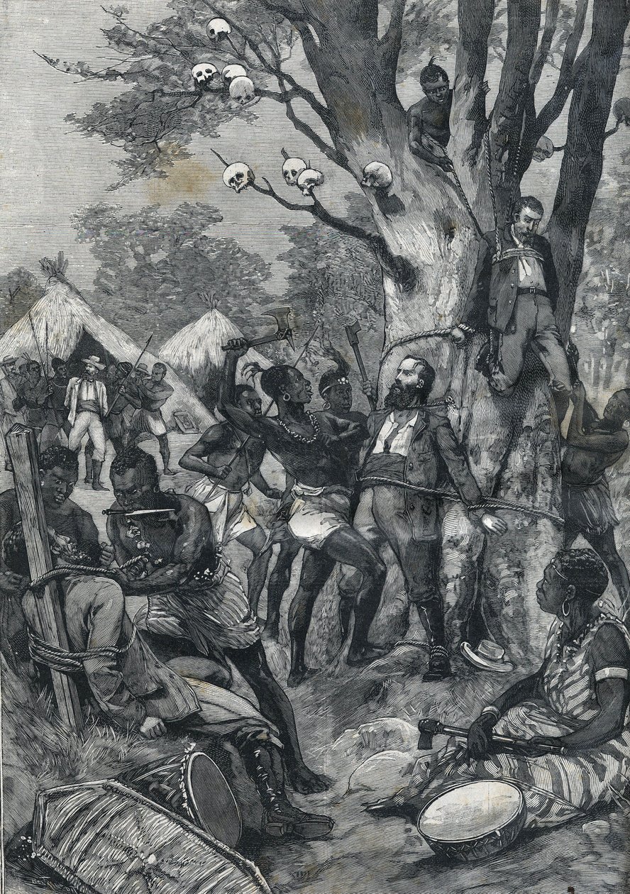 Massacre au Congo : Européens suppliciés par des cannibales. Dans "Le Petit Parisien" de 1898. - French School