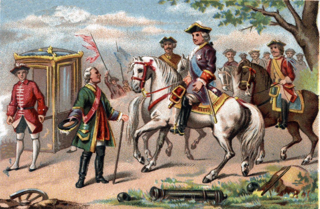 Maurice de Saxe, maréchal de Saxe (1696-1750), victorieux à la bataille de Fontenoy, rencontre Louis XV de France (1710-1774). Chromolithographie vers 1890 - French School