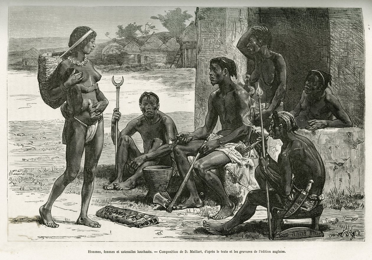 Hommes, femmes et ustensiles (région de Bihe, Rwanda). Gravure par D. Maillart, pour illustrer l