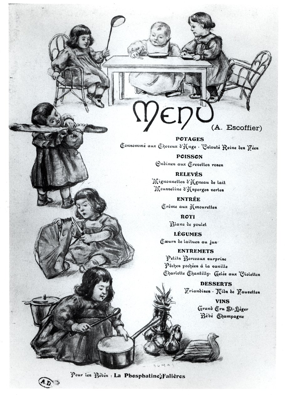 Menu créé par Auguste Escoffier (1846-1935) pour les enfants et les bébés, c.1900 - French School