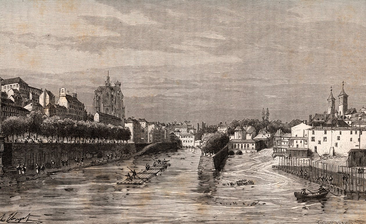 Metz - vue du port Saint-Georges - Moselle - gravure dans "La France illustrée: géographie, histoire, administration statistique" par V.A. Malte-Brun. 1884 - French School