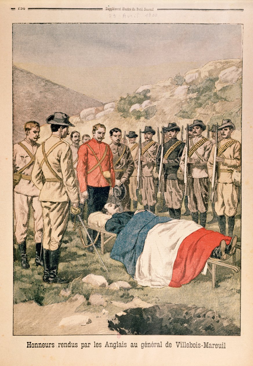 Honneurs militaires rendus au Général Georges de Villebois-Mareuil (1847-1900) par les Britanniques au cimetière de Boshof, illustration du Petit Journal, 29 avril 1900 - French School
