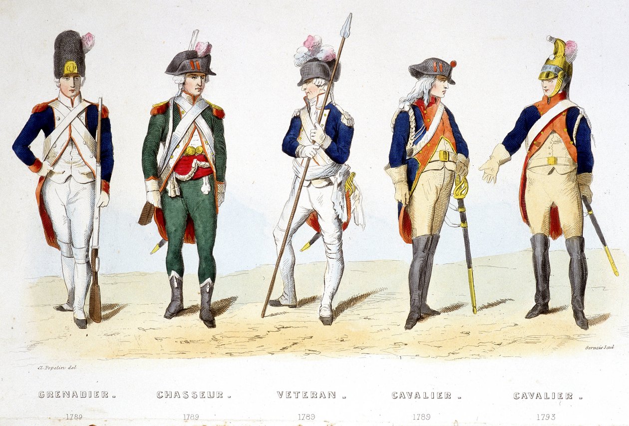 Uniforme militaire sous la révolution 1789: grenadier (1789), chasseur (1789), vétéran (1789), cavalier (1789), cavalier (1793) - dans "Fastes des Gardes nationales de France" - French School
