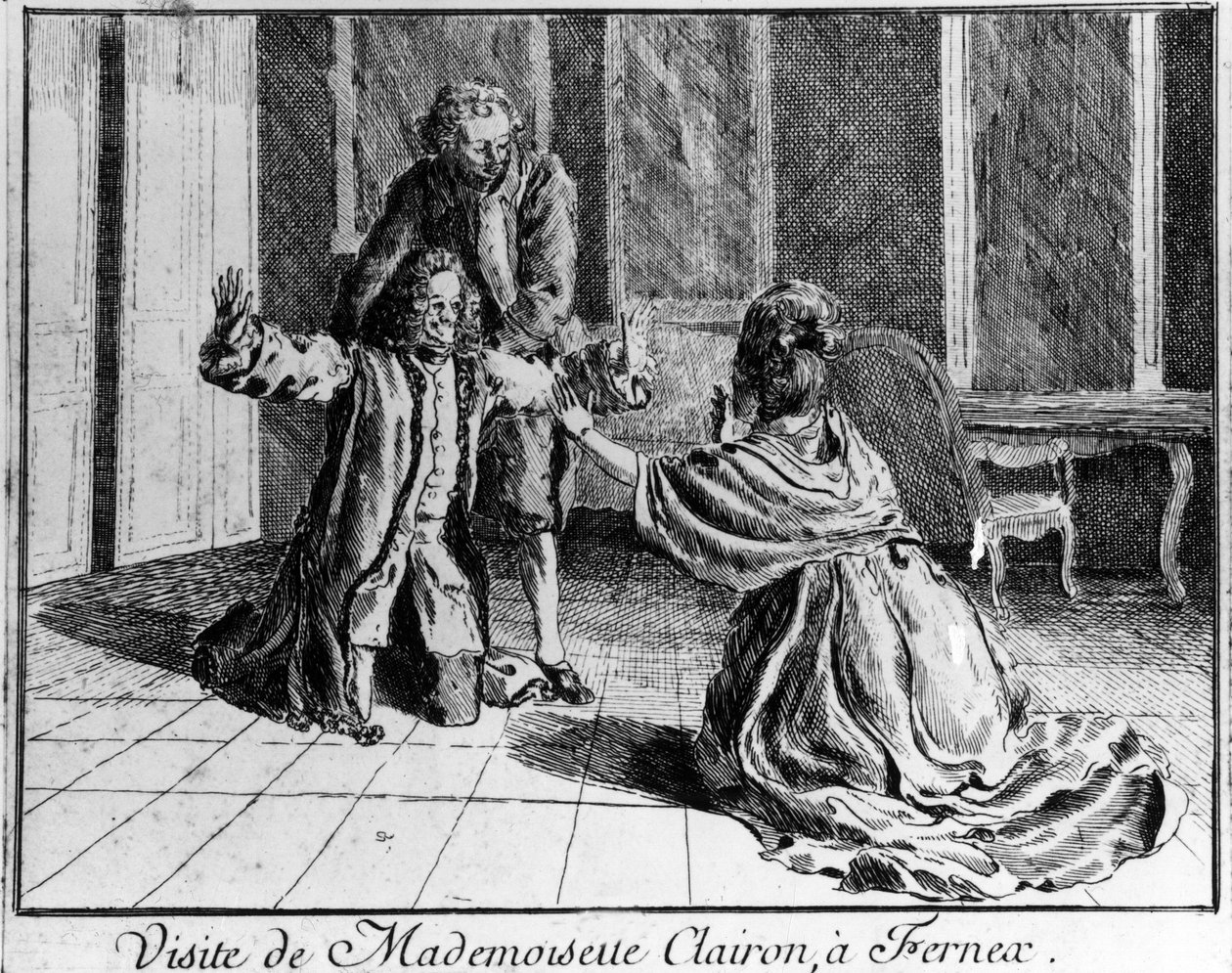 Mademoiselle Clairon (Josèphe Léris de La Tude dite Mademoiselle Clairon) (1723-1803), actrice française, visitant Ferney chez Voltaire. Gravure du 18ème siècle. - French School