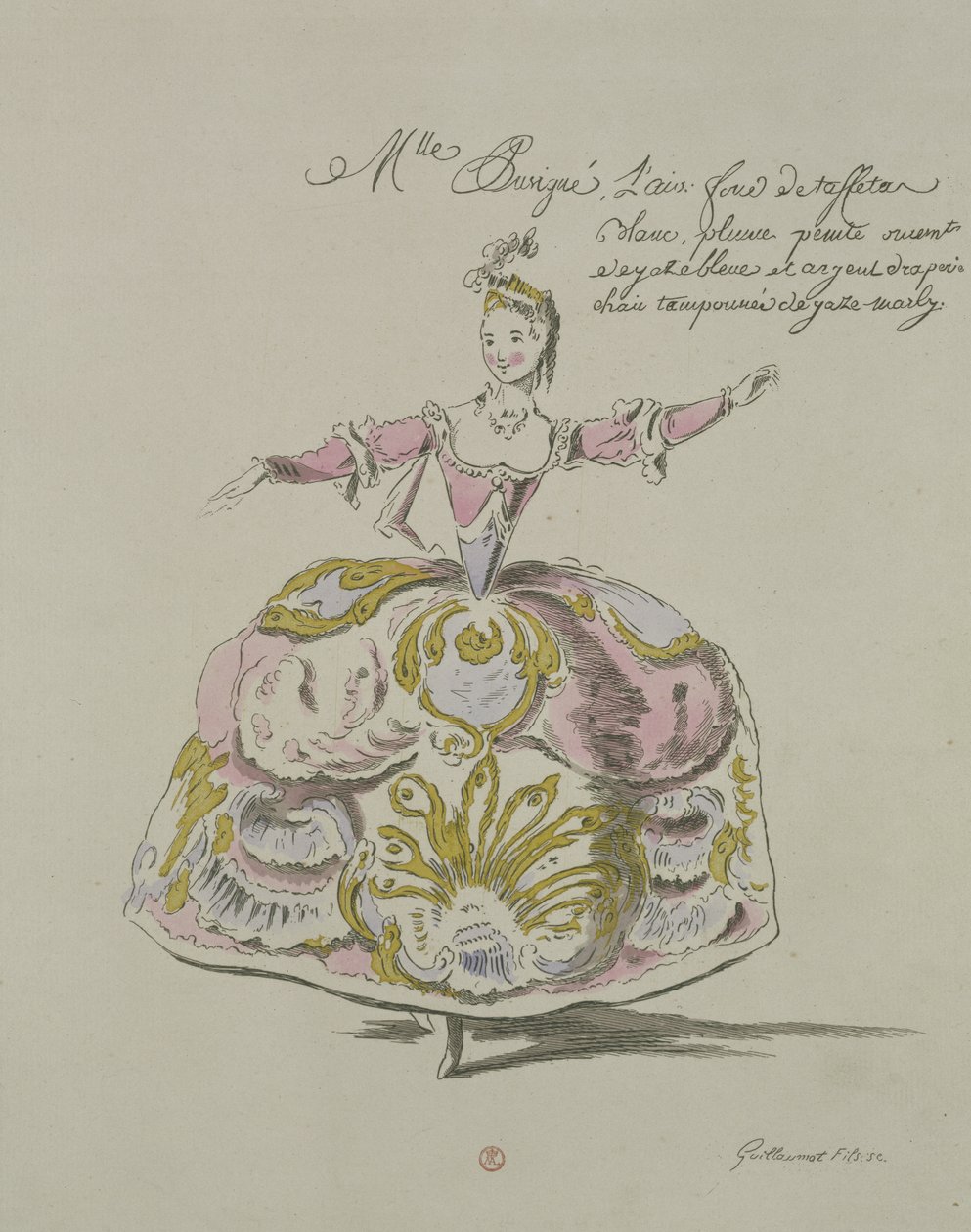 Miss Puvigne en Air, dans Zoroastre, un livret de Cahusac, composé par Jean-Philippe Rameau (1683-1764) fac-similé par A. Guillaumot Fils, 1749 (gravure en couleur) - French School