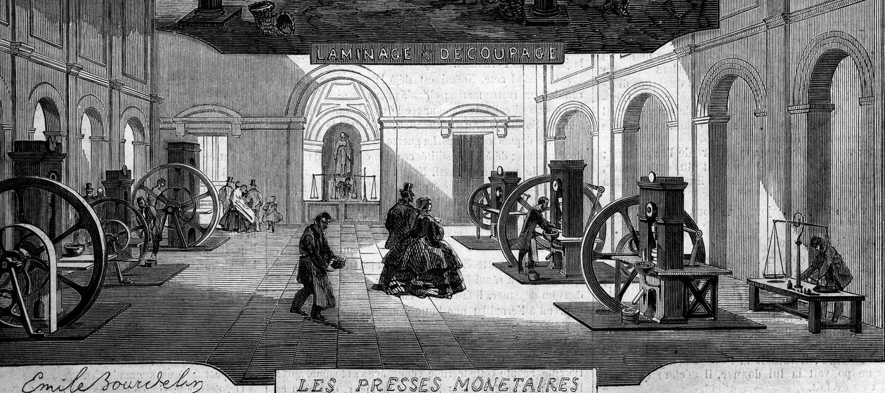 Fabrication de monnaie : atelier de presses à monnaie. Gravure dans « Le Monde Illustré » n°145 du 21 janvier 1860 - French School