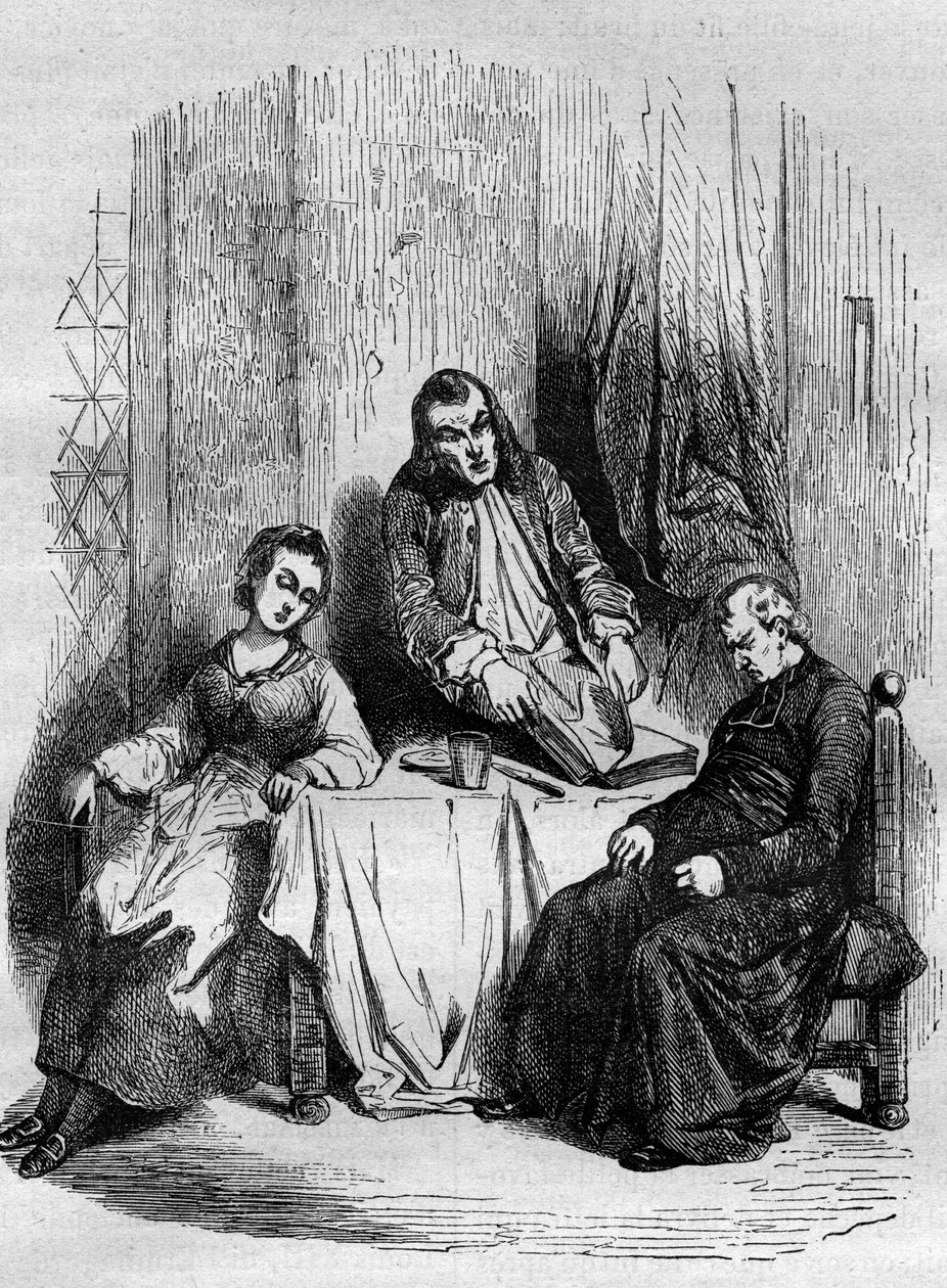 Monsieur De Breteuil, intendant du Limousin, contrôle les registres paroissiaux tenus par Dubois, curé et futur cardinal. Gravure dans « L
