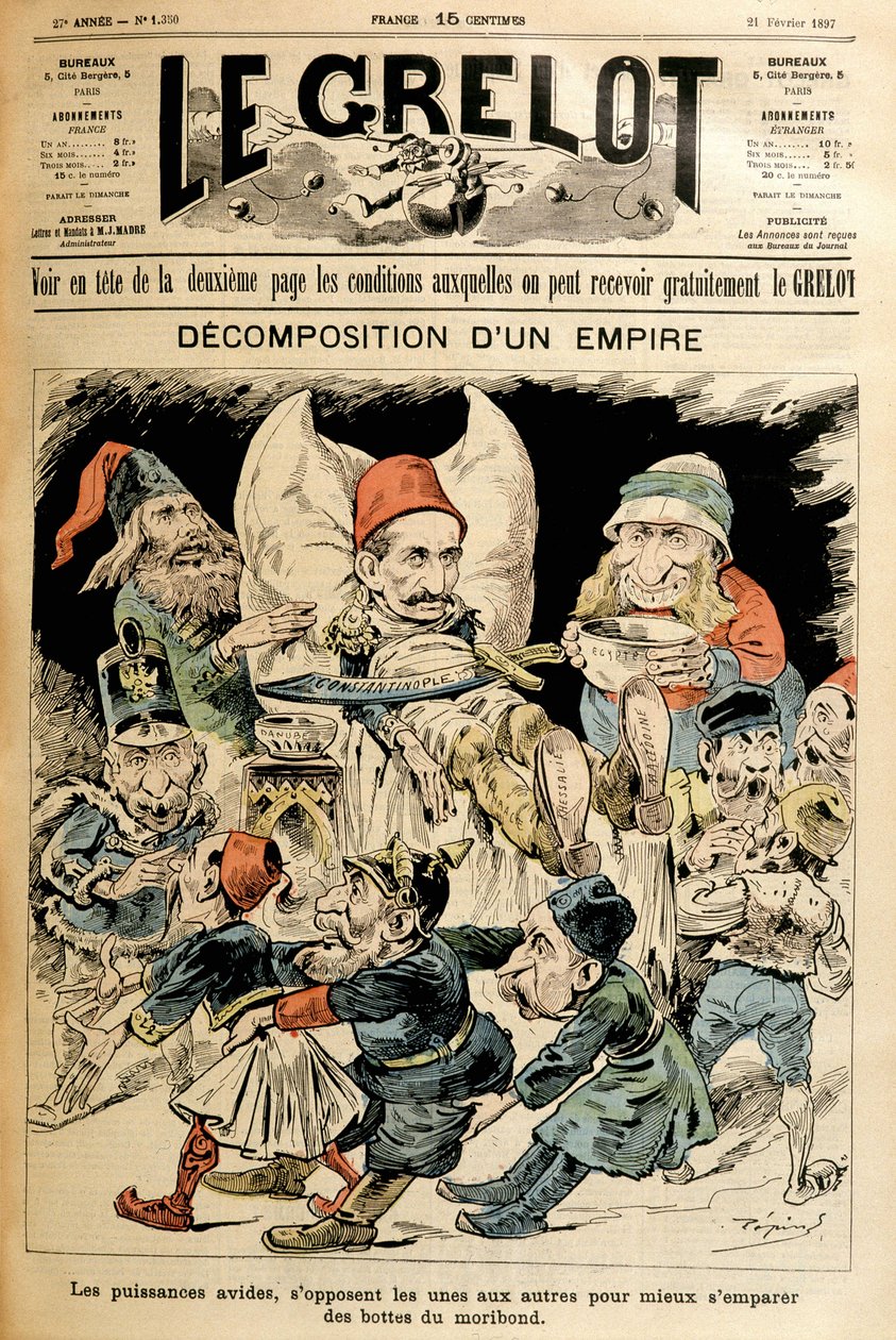 Dinde moribonde et puissances étrangères se battant pour ses bottes, couverture "Le Grelot" 21/2/1897 - French School