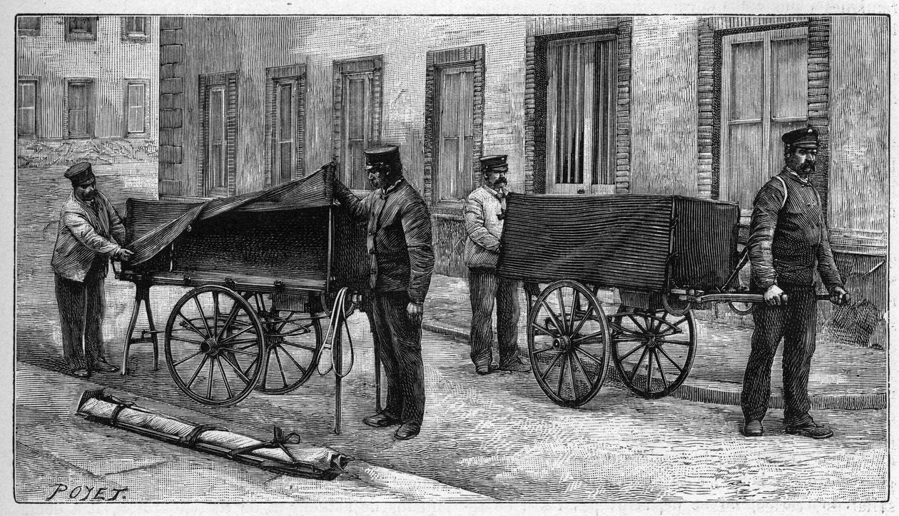 Dépôts mortuaires à Paris : voitures funéraires utilisées pour transporter les corps au dépôt. Gravure dans "La Nature. Revue des sciences et de ses applications aux arts et à l