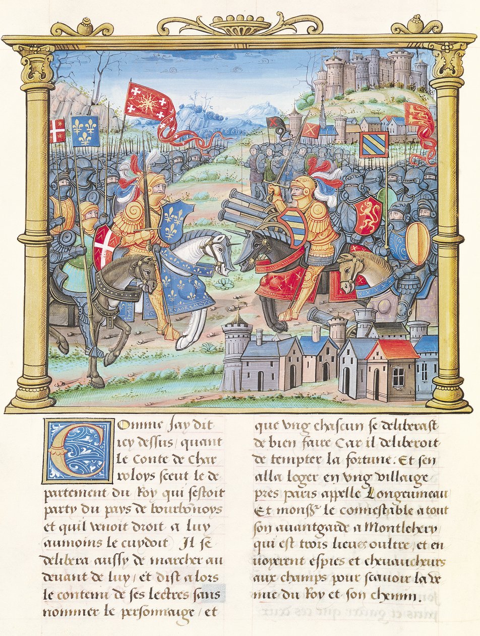 Bataille de Montlhéry pendant la Guerre de la Ligue du Bien Public, 14 juillet 1465, des Mémoires de Philippe de Commynes (1445-1509) - French School