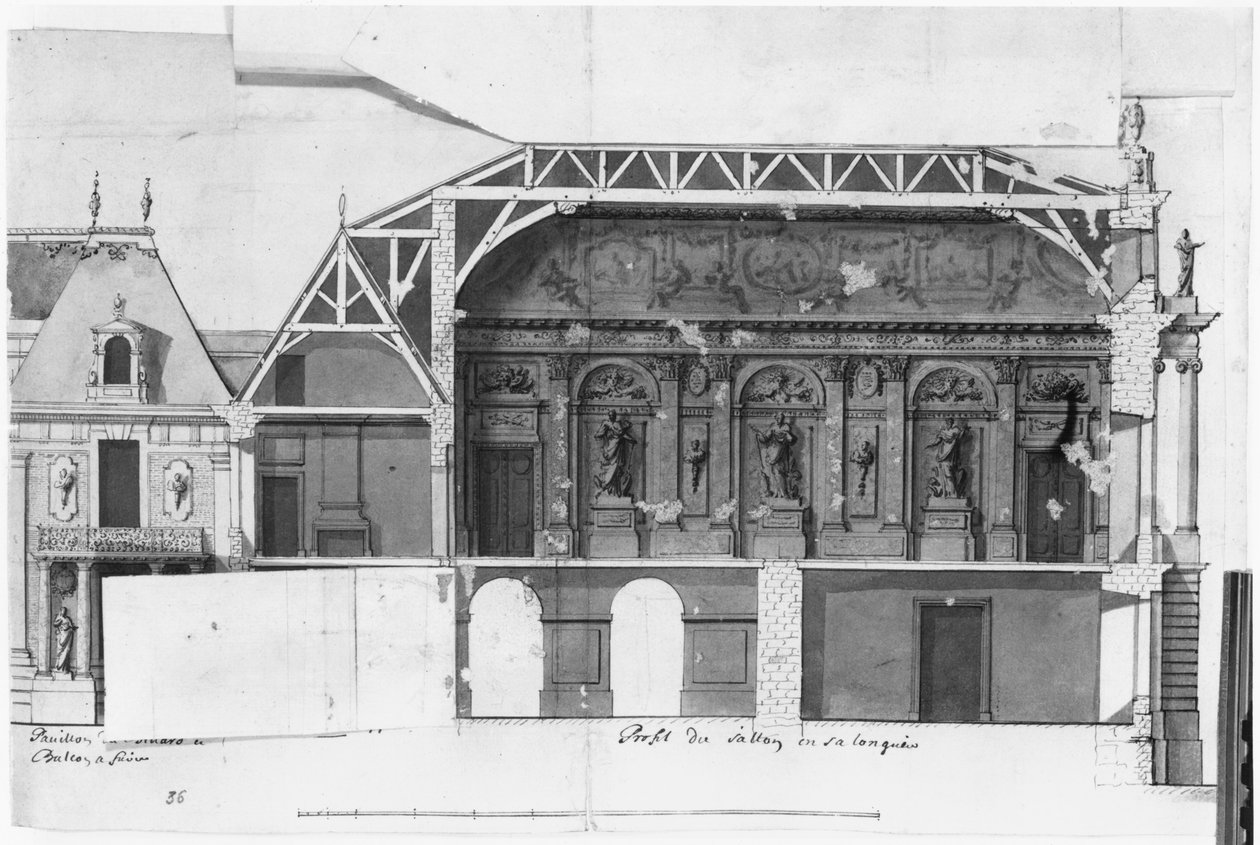 Ms 130736 Coupe transversale nord-sud du Grand Salon et de la Salle de Diane du Château de Versailles construit par Louis Le Vau (1612-70) - French School