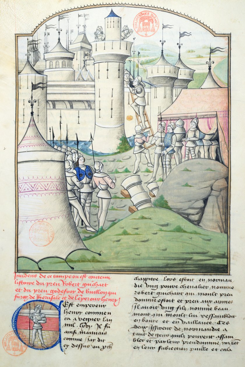 Capture de Jérusalem en 1099 par Godefroy de Bouillon et les Croisés pendant la Première Croisade, miniature de Fleur des Histoires - French School