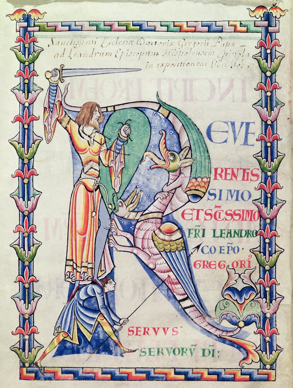 Initiale historiée R représentant un chevalier combattant un dragon, du Moralia in Job par le pape Grégoire le Grand - French School