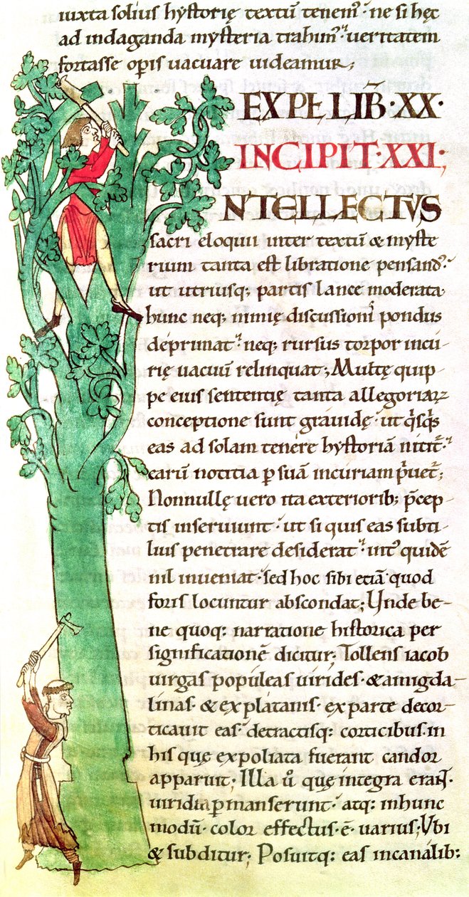 Initiale historiée I représentant un moine et un laïc coupant et taillant un arbre, de Moralia in Job par le Pape Grégoire le Grand - French School