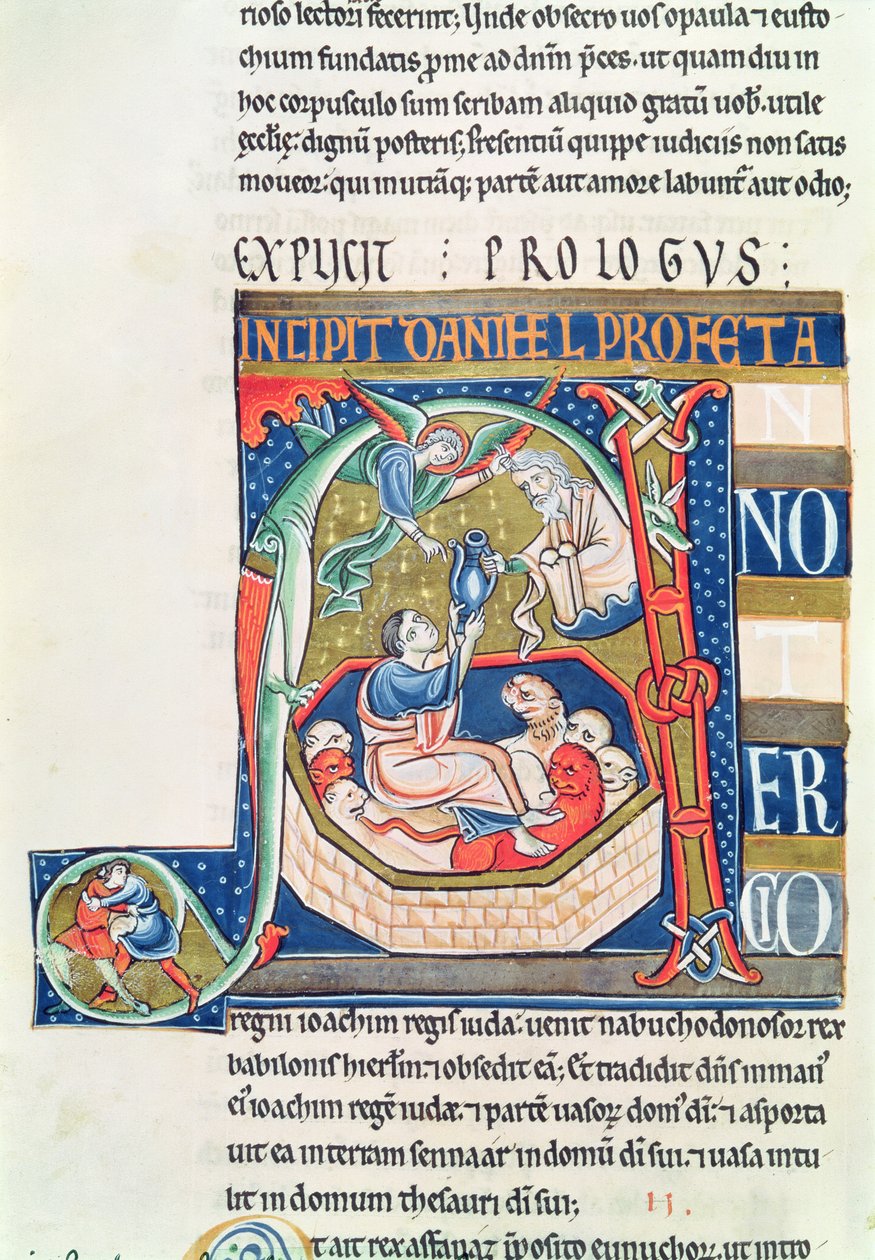Ms 1 fol.185v Initiale historiée A représentant Daniel dans la fosse aux lions, de la Bible de Souvigny - French School