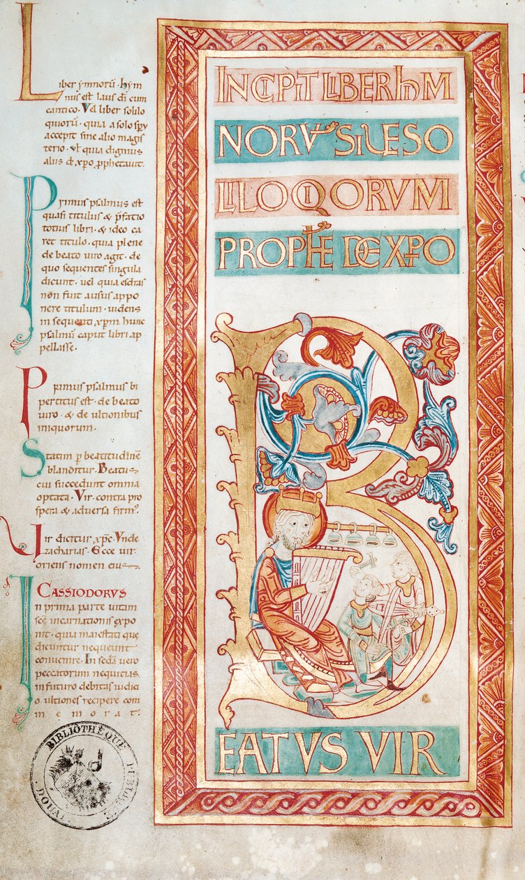 Ms 232 f.3v Initiale historiée B représentant le roi David, d