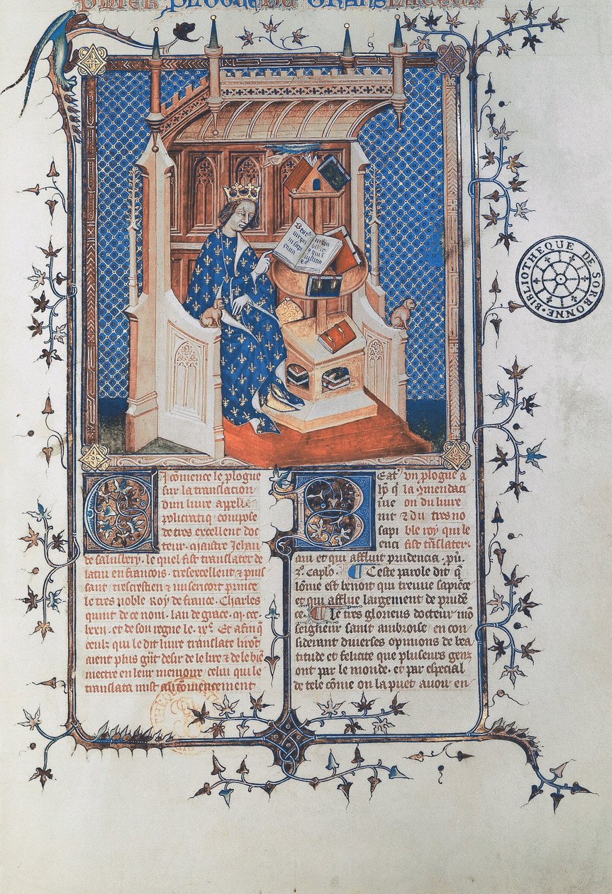 Charles V, le Sage, roi de France, de Jean de Salisbury, Polycraticus, traduit par Denis Foulechatis, c.1372 - French School