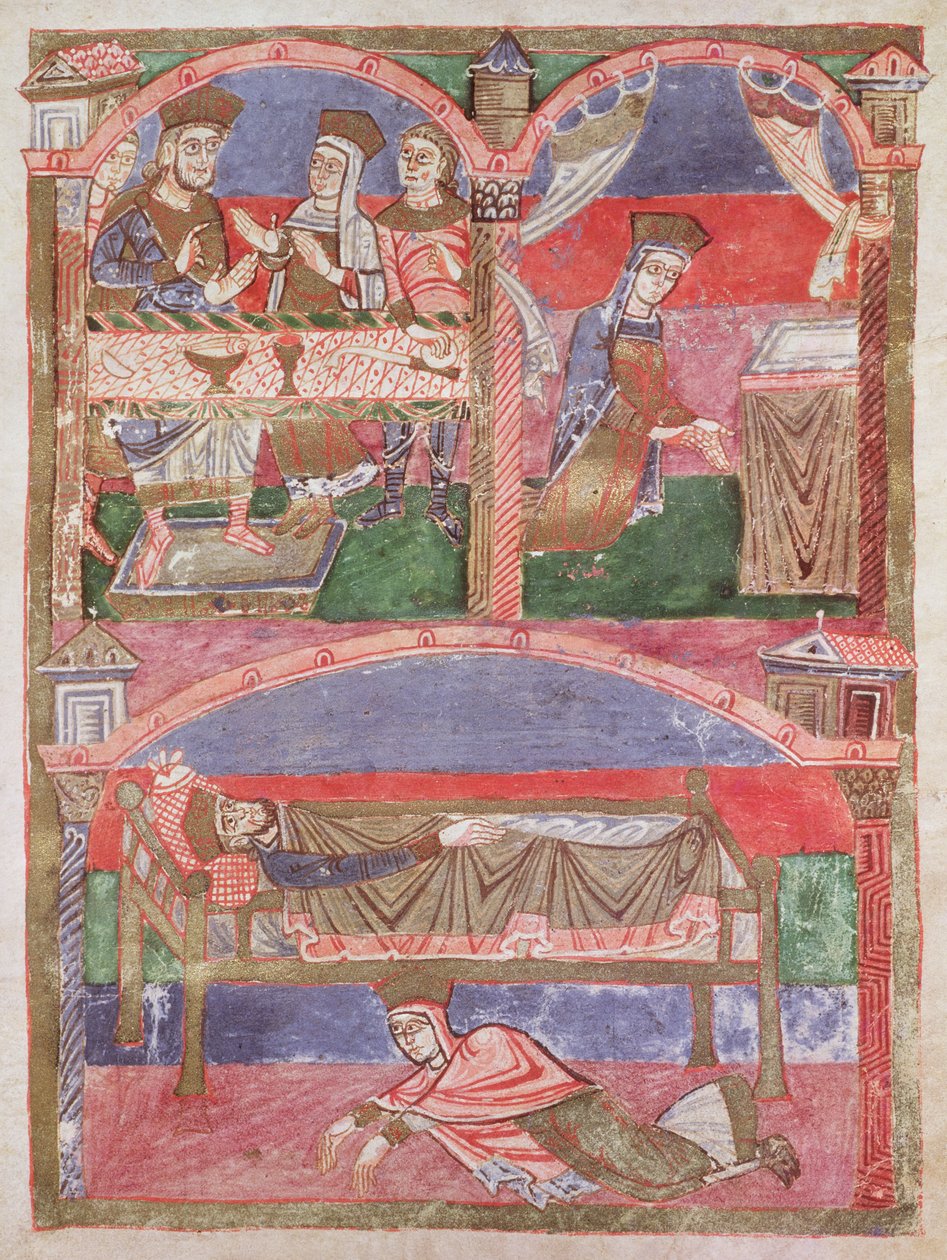 Ms 250 f.24r Sainte Radegonde à la table de Clotaire Ier, dans son oratoire et aux pieds du lit royal, de la Vie de Sainte Radegonde - French School