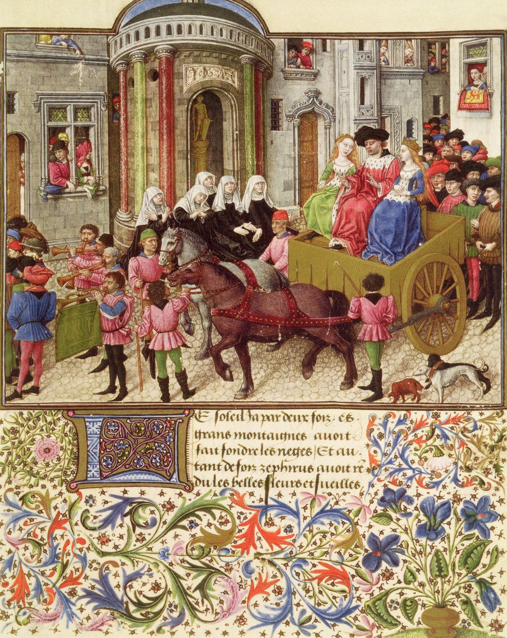 Thésée fait une entrée triomphale à Athènes, de La Teseida, par Giovanni Boccaccio (1313-75) 1340-41 - French School