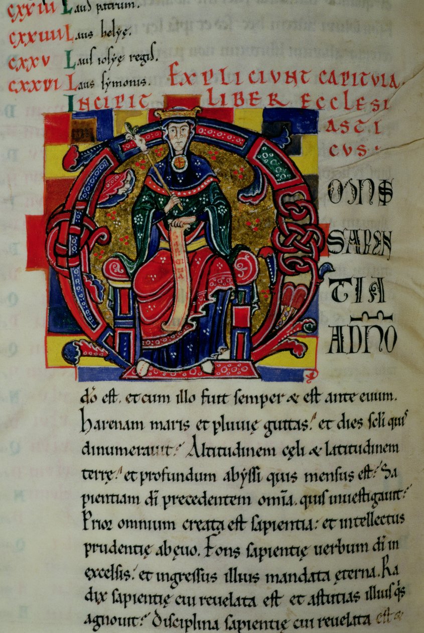 Ms 2 fol.8 Initiale historiée O représentant une figure de la Sagesse, de la Bible de Saint-Bénigne - French School