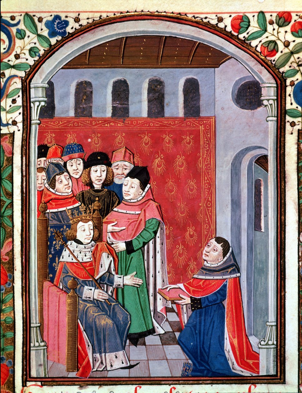 Ms 3045 fol.1 Jean de Meung offrant sa traduction à Philippe le Bel de De Consolatione Philosophiae de Boèce - French School