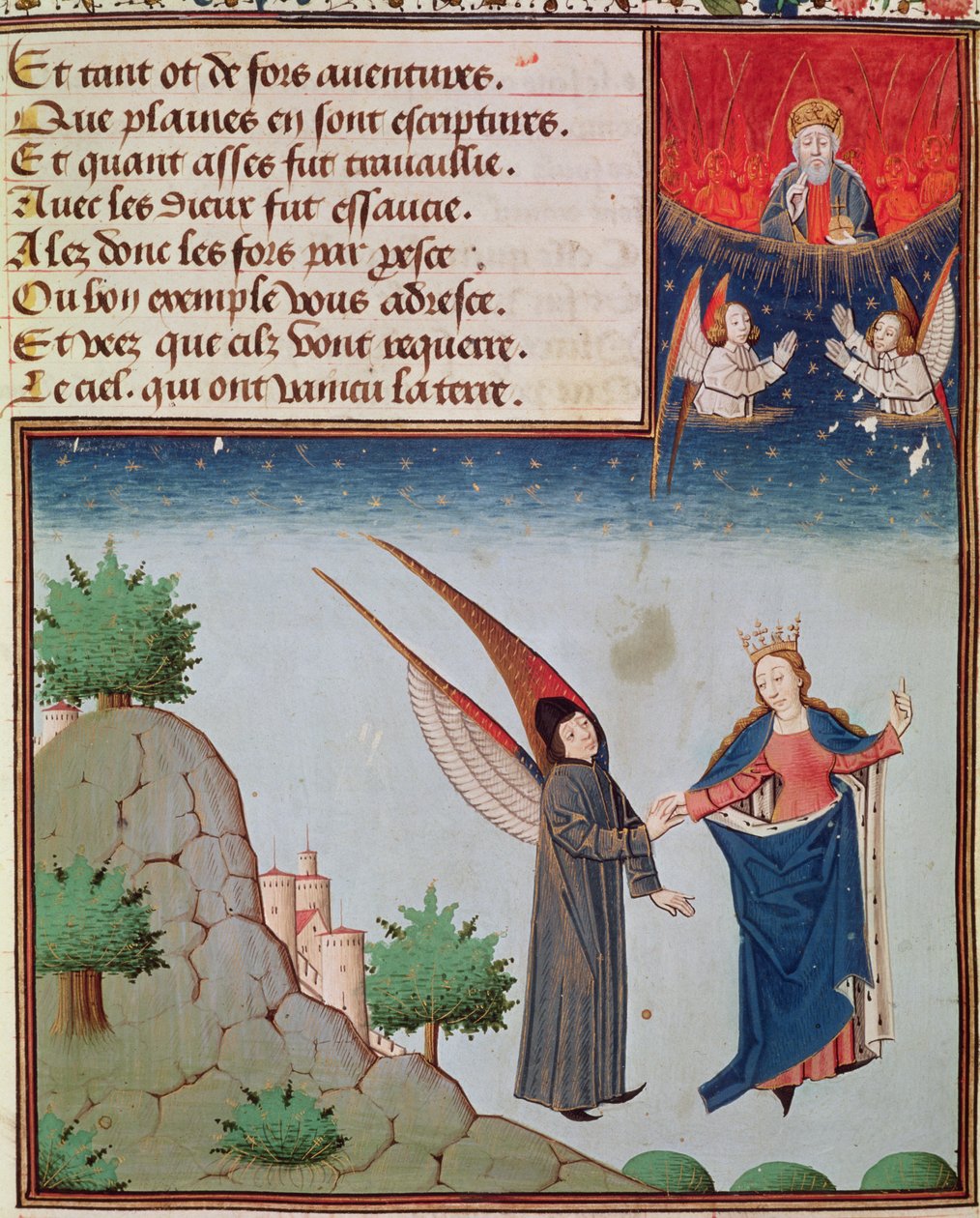 Ms 3045 fol.94r Dame Philosophie conduit Boèce en vol dans le ciel sur les ailes qu