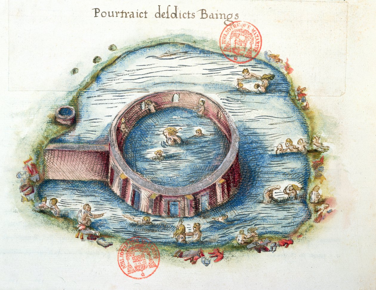 Les Bains de Bourbon-Lancy, illustration de Generale Description du Bourbonnais par Nicolas de Nicolay, 1569 - French School