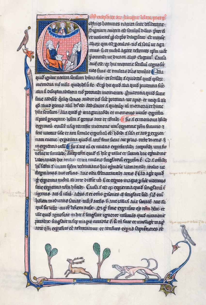 Ms 3458, initiale historiée O représentant le philosophe grec ancien Aristote, enseignant un groupe de clercs d