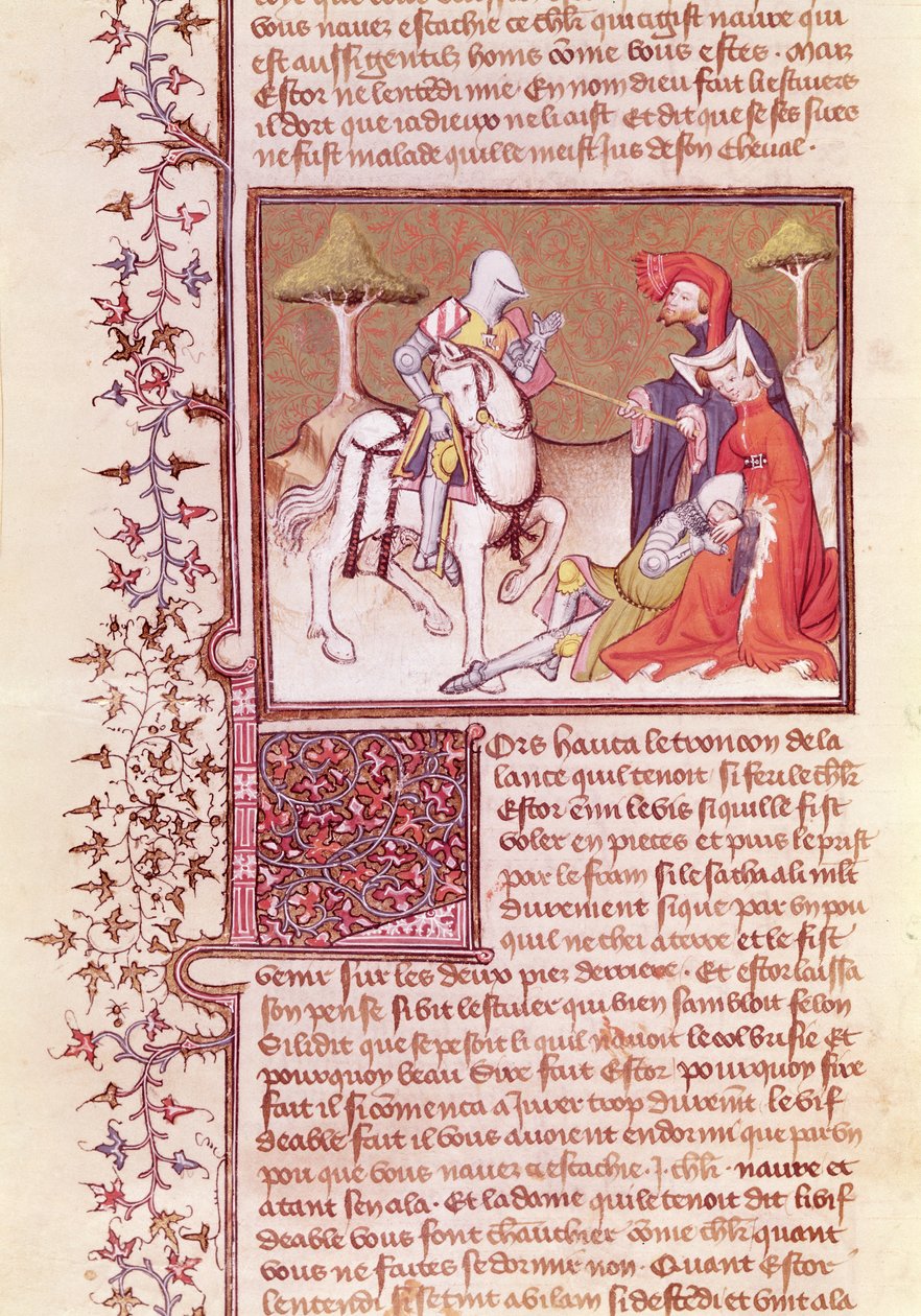 Ms 3479 fol.516 Et ainsi il retira la lance du chevalier mourant, du Livre de Messire Lancelot du Lac - French School