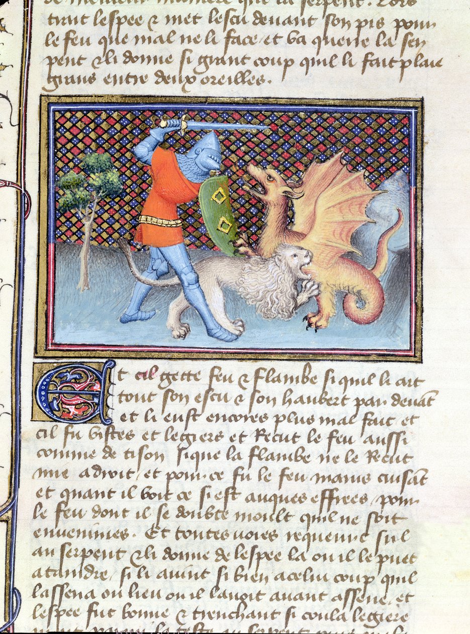 Yvain, le chevalier au lion, combattant un dragon, miniature du Roman de Lancelot - French School