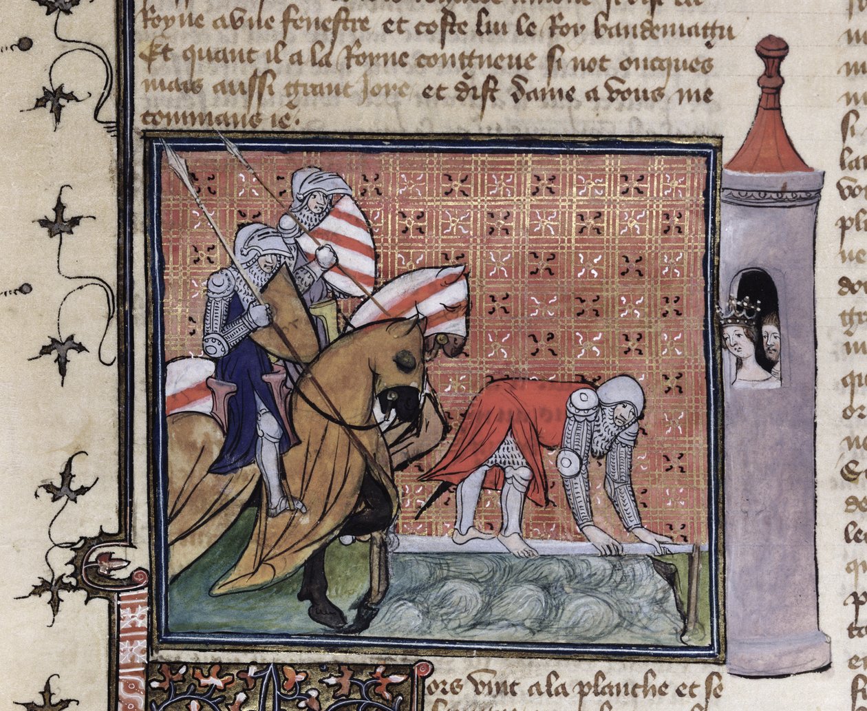 Ms 3480 fol.77 Lancelot traversant le Pont de l