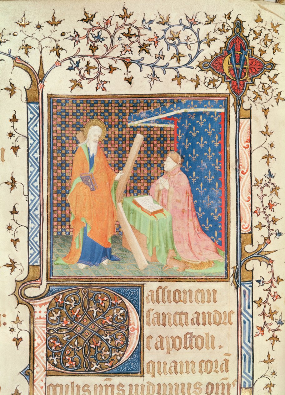 Ms 35 fol.17v Jean de France (1340-1416) Duc de Berry priant devant Saint André, du Lectionnaire de la Sainte-Chapelle de Bourges, vers 1404-10 - French School