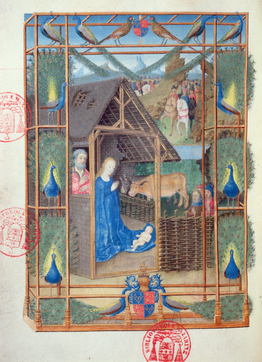 La Nativité avec des paons, miniature des Heures de Charles de France, vers 1466-69 - French School