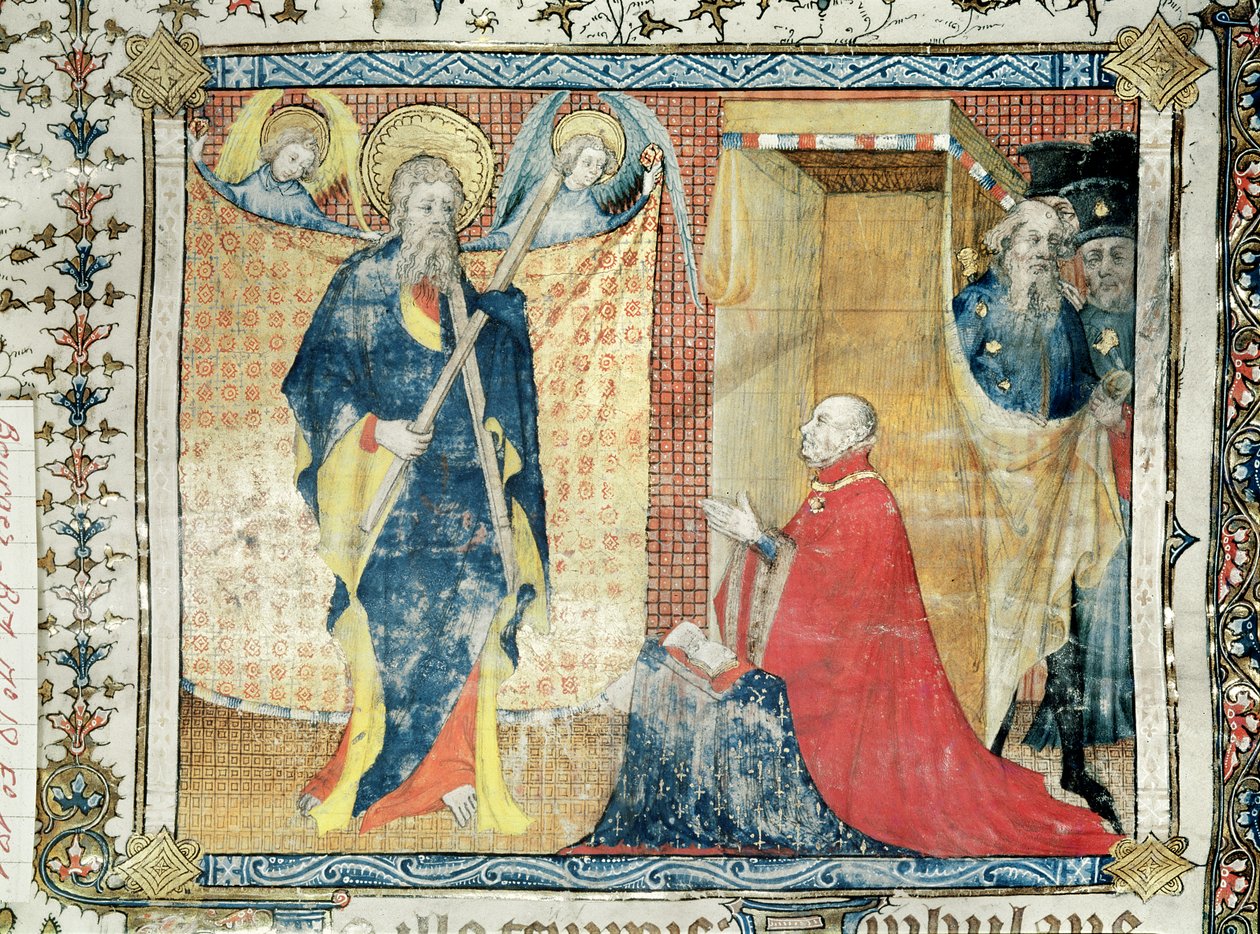 Ms 48 fol.181 Jean de France (1340-1416) Duc de Berry priant devant Saint André, du Lectionnaire de la Sainte-Chapelle de Bourges, c.1404-10 - French School