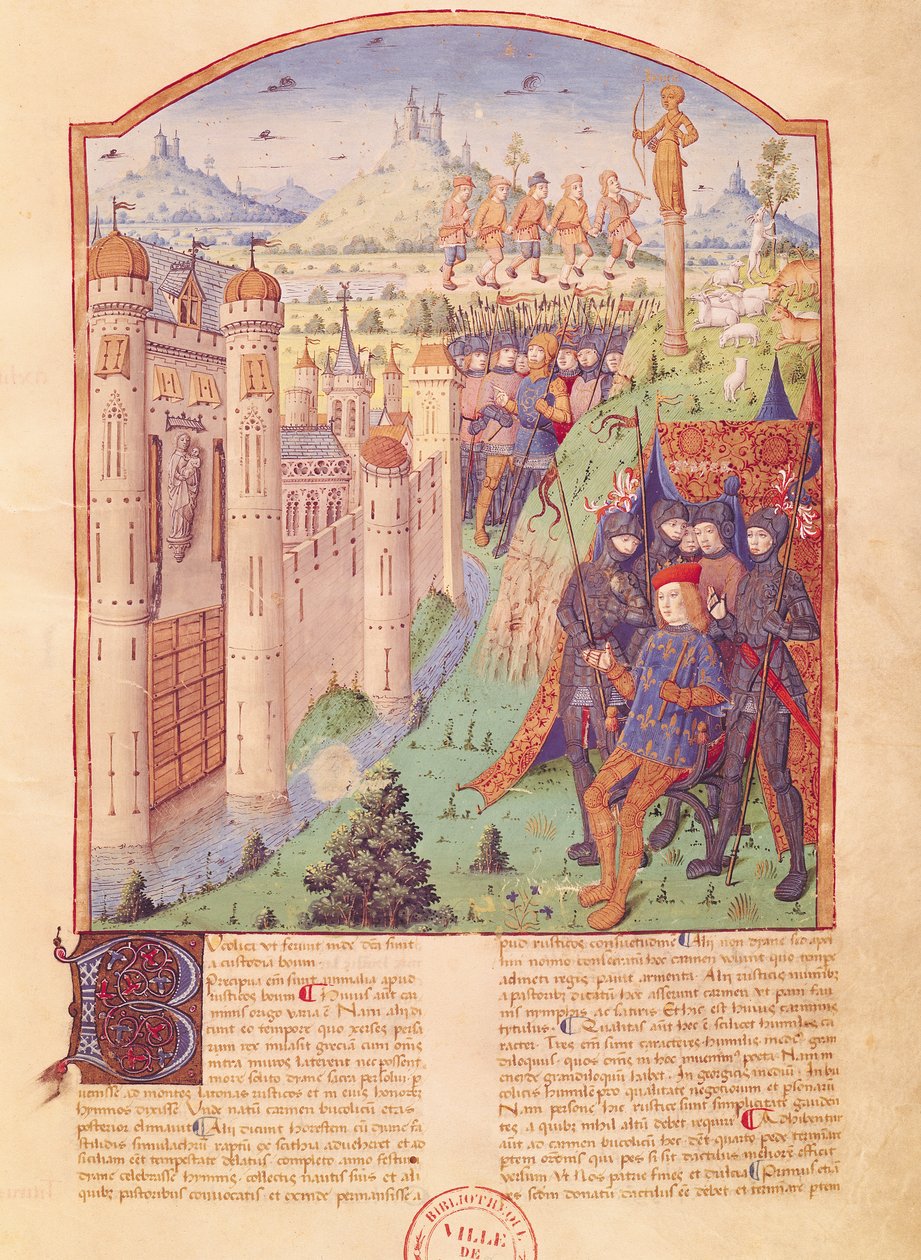 Ms 493 fol.1r Les Œuvres de Virgile avec Commentaire de Servius, Les Bucoliques, Roi assis sur son trône entouré de ses gardes devant une ville fortifiée, France, 1469 - French School