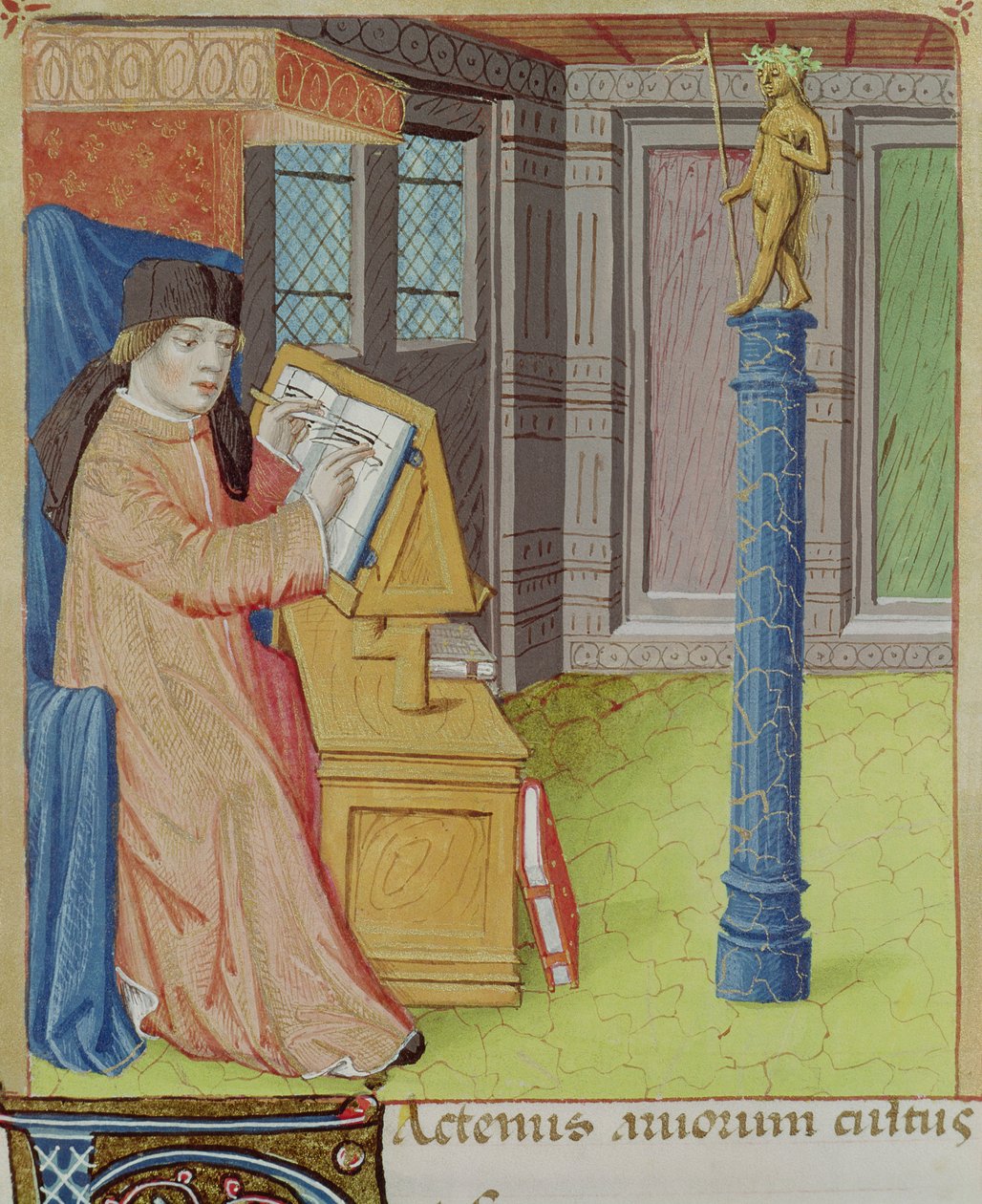 Ms 493 fol.29r Virgile écrivant devant Artémis, de Les Géorgiques par Virgile (70-19 av. J.-C.) avec commentaire de Servius, 1469 - French School