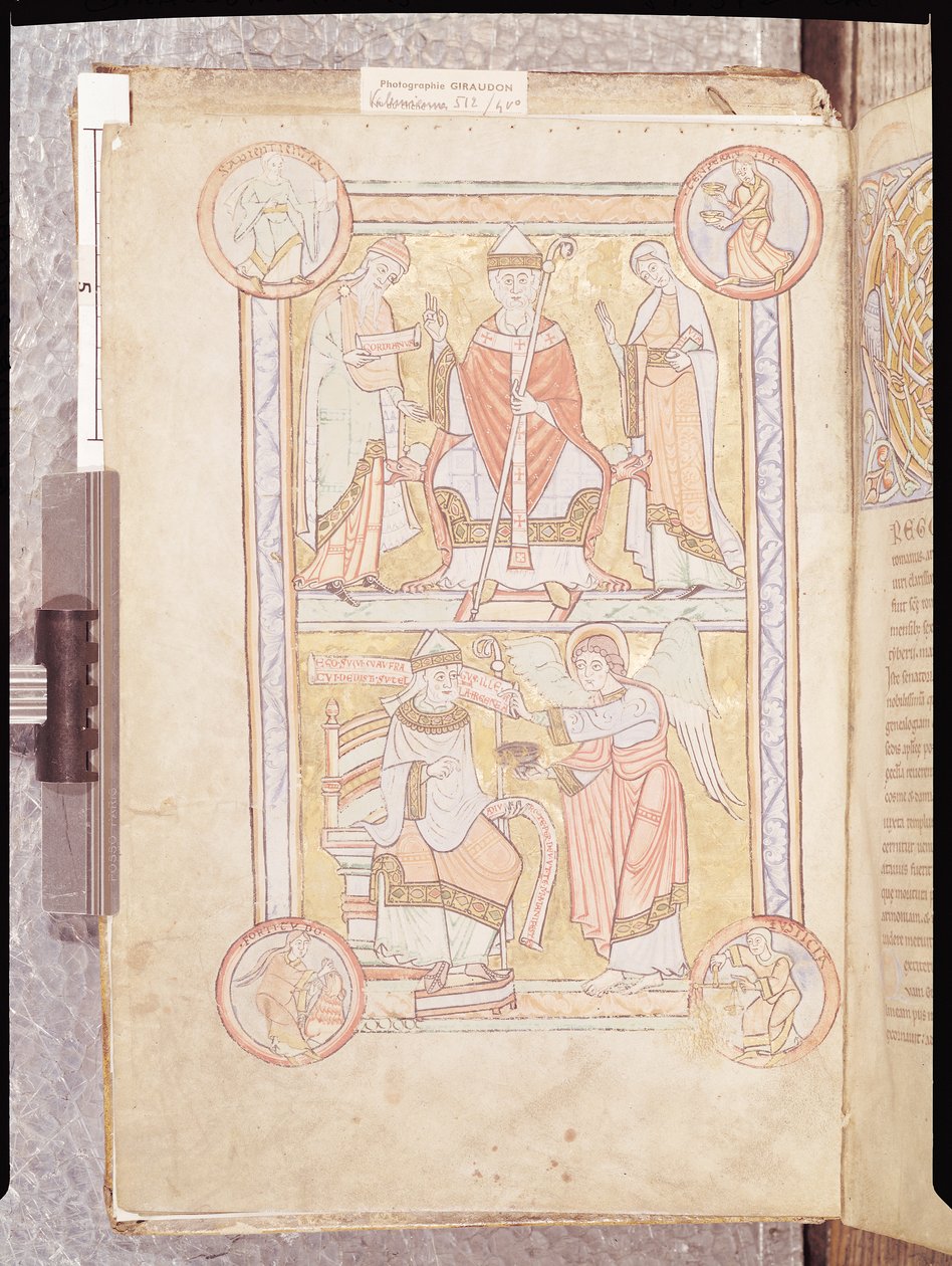 Ms 512 fol.4v Saint Grégoire le Grand (c.540-604) entre son père, Gordien, et sa mère, Silvia et un noyé en tant qu