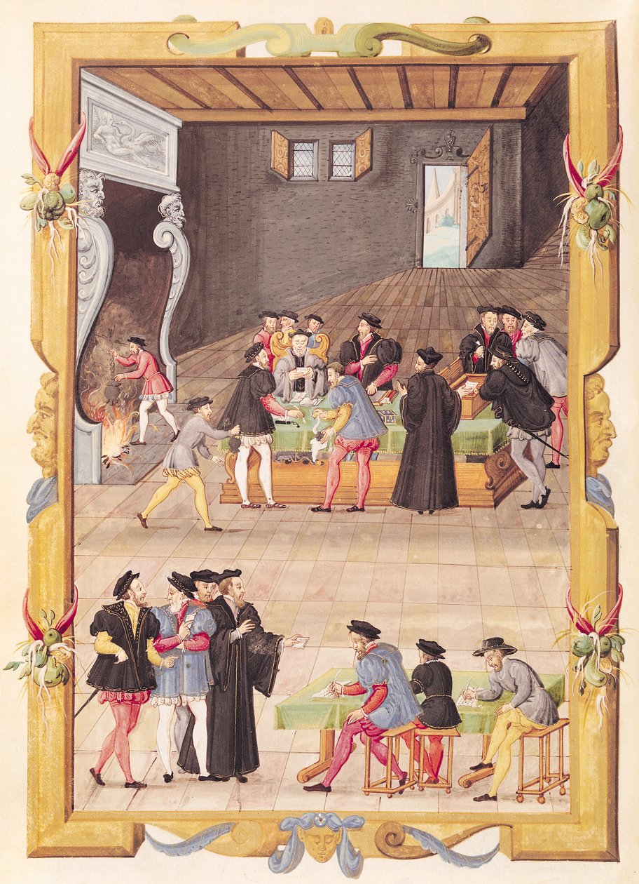 Ms 5169 f.2v Les Notaires et les Secrétaires du Roi dans la Salle du Collège des Notaires et Secrétaires du Roi - French School