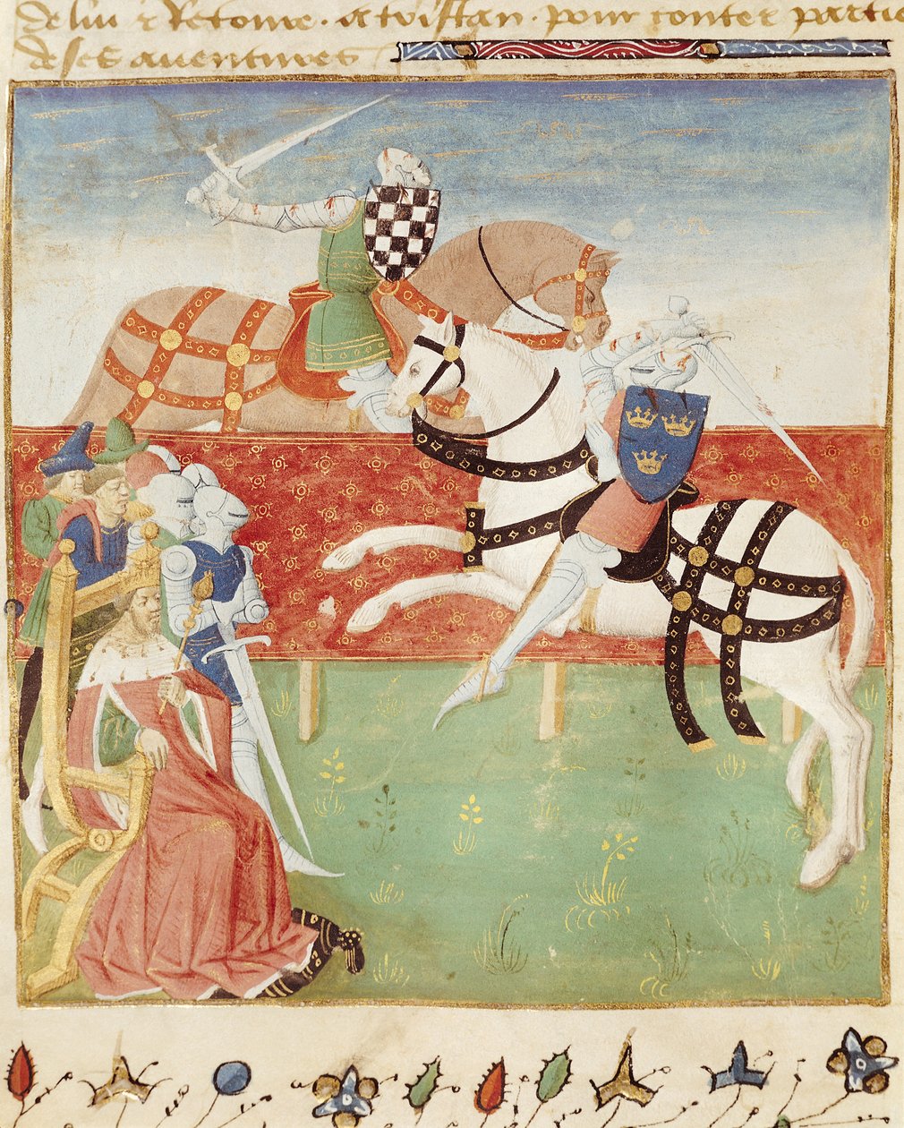 Ms 527 fol.40v Confrontation de deux chevaliers devant le roi, du Roman du Saint Graal - French School