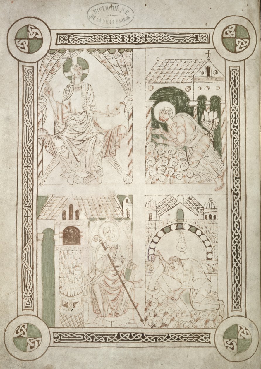 Ms 616 f.1v Saint Augustin aux pieds du Christ et le scribe Alardus offrant son livre à Saint Vaast, frontispice des Confessions de Saint Augustin - French School