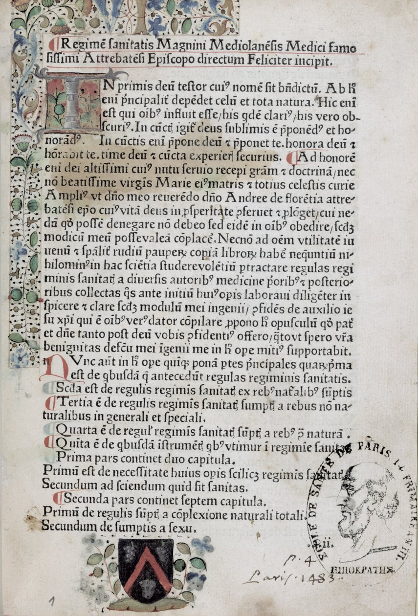 Ms 6310 Première page du Regimen Sanitatis, 1483 - French School