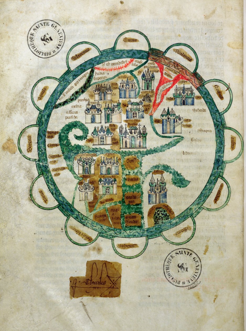 Carte du monde sous forme de globe, miniature des Grandes Chroniques de Philippe le Hardi - French School