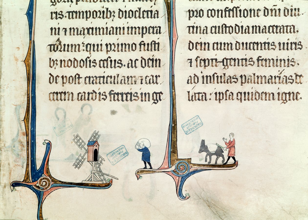 Ms 838 fol.55 Un homme conduisant son âne portant des sacs de blé à un moulin à vent, de l