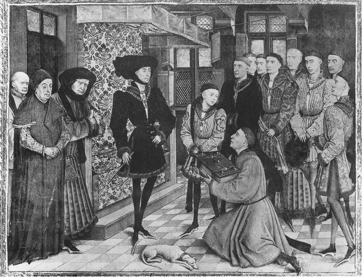 Ms 9242 Chroniques de Hainaut, Philippe le Bon, duc de Bourgogne, présenté avec la traduction des Chroniques par Jean Vauquelin, Charles le Téméraire enfant à sa gauche - French School